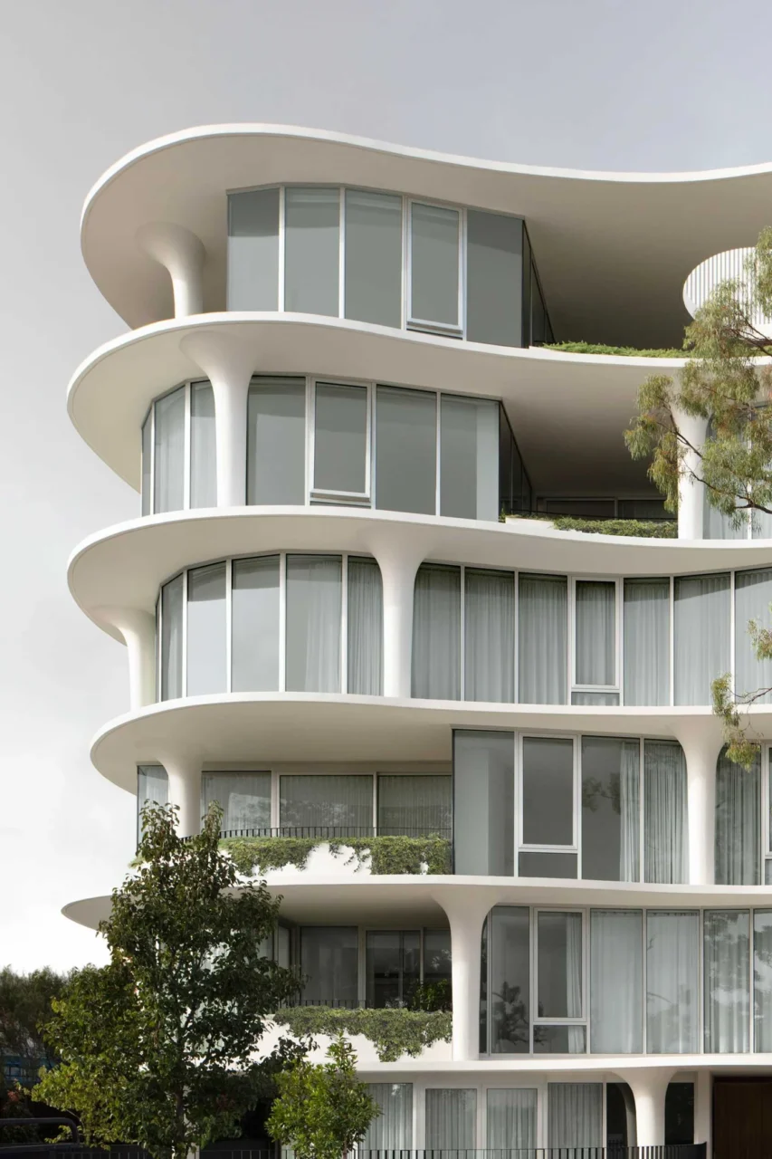 Asymmetrical curved facade of the Wood Marsh apartment building