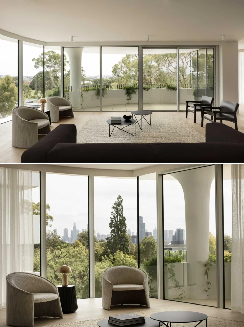Apartment living room with floor-to-ceiling windows, a curved terrace and a flared column