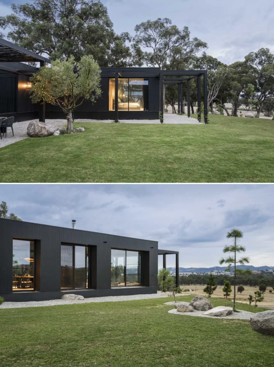 Black box form of the U-shaped house with deep window reveals for sun shading