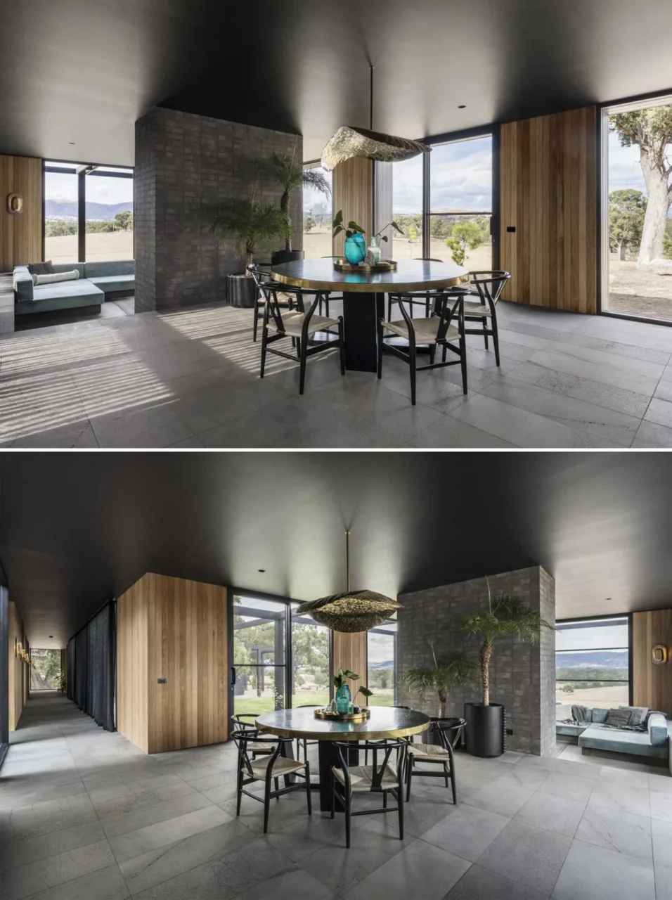Open-plan dining area with a round table under a sculptural brass light