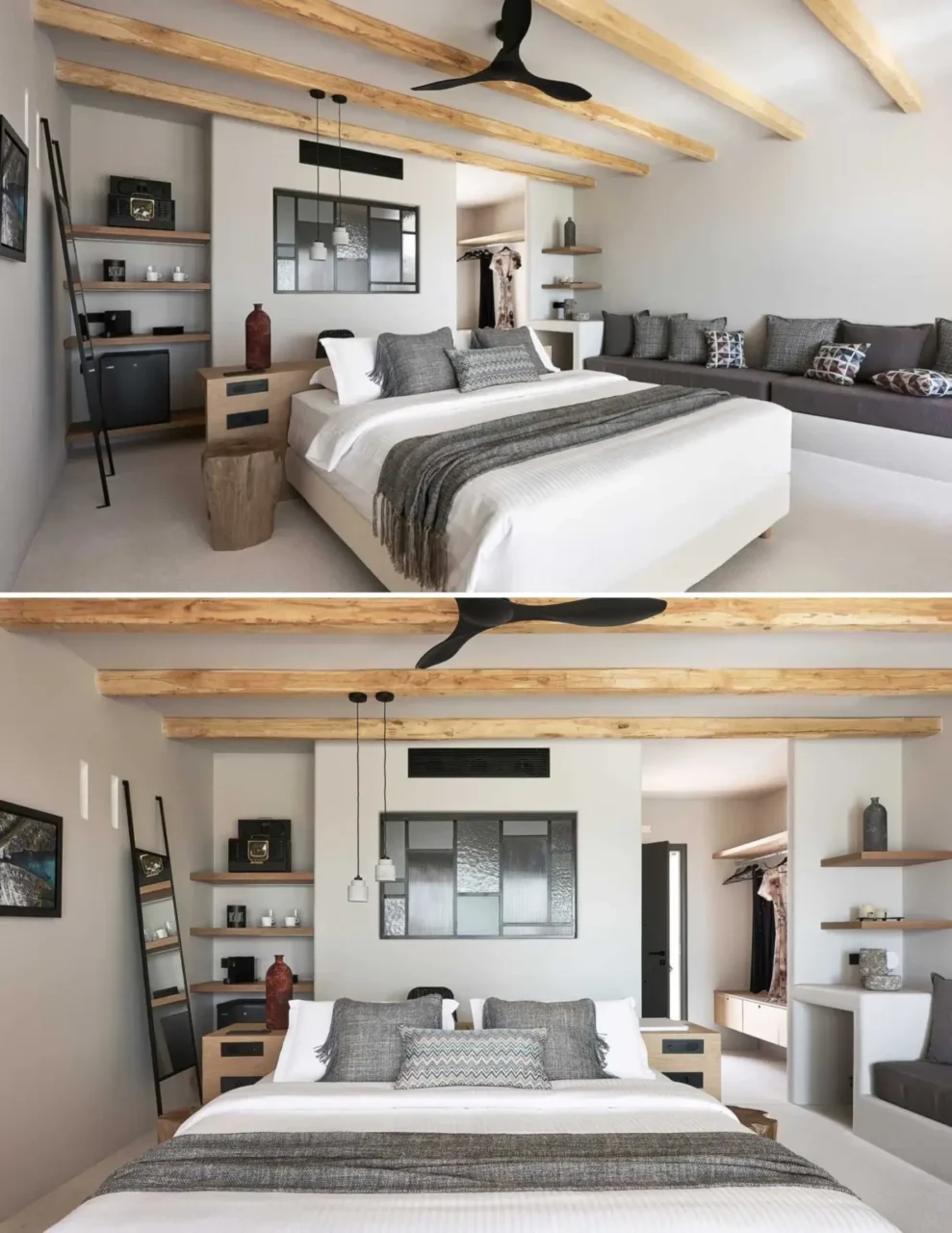 Wood headboard and desk behind the bed in a Cave Suites Milos suite