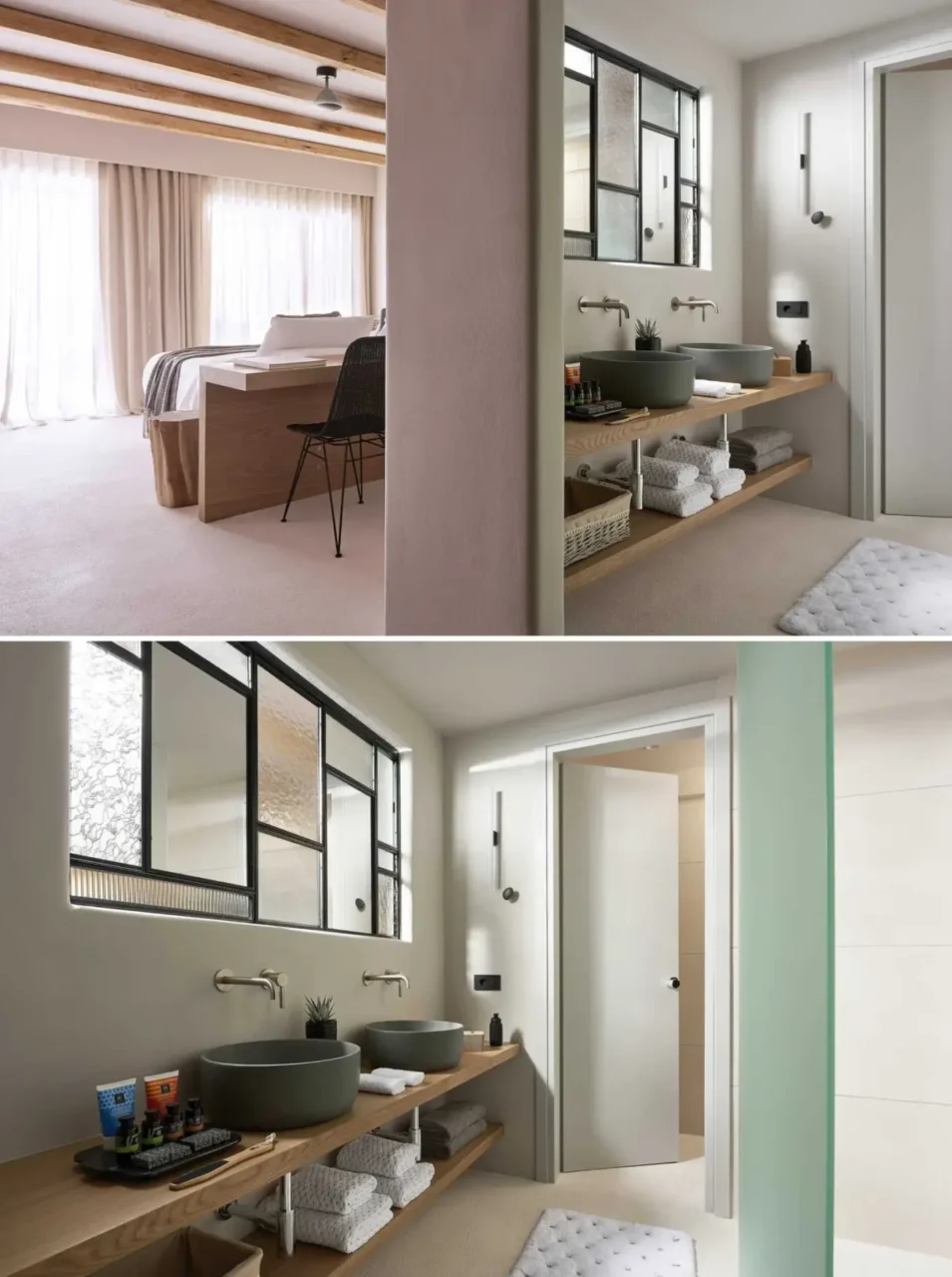 Interior window with mirrors in the frame and a wood vanity behind the desk, Cave Suites Milos