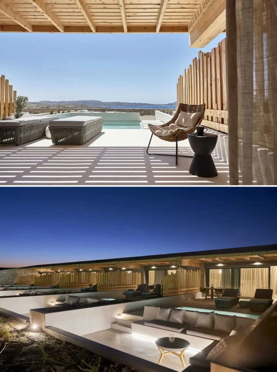 Terrace with a rectangular pool and a sunken seating area with a built-in lounge, Cave Suites Milos