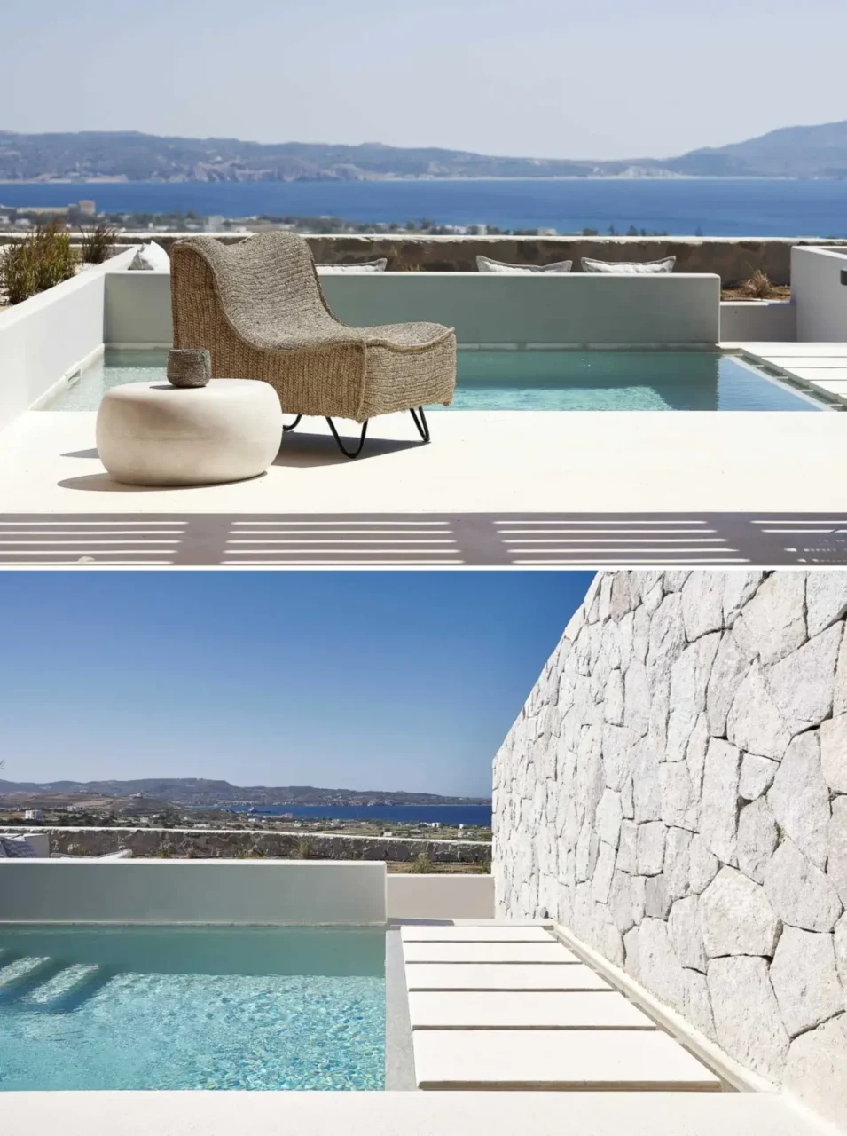 Private pool framed by a grey stone wall, Cave Suites Milos