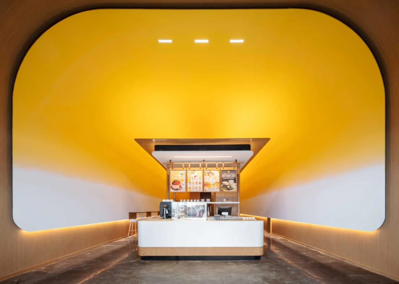 Fuwa Fuwa Golden Square pancake cafe in Mississauga with a curved yellow ceiling