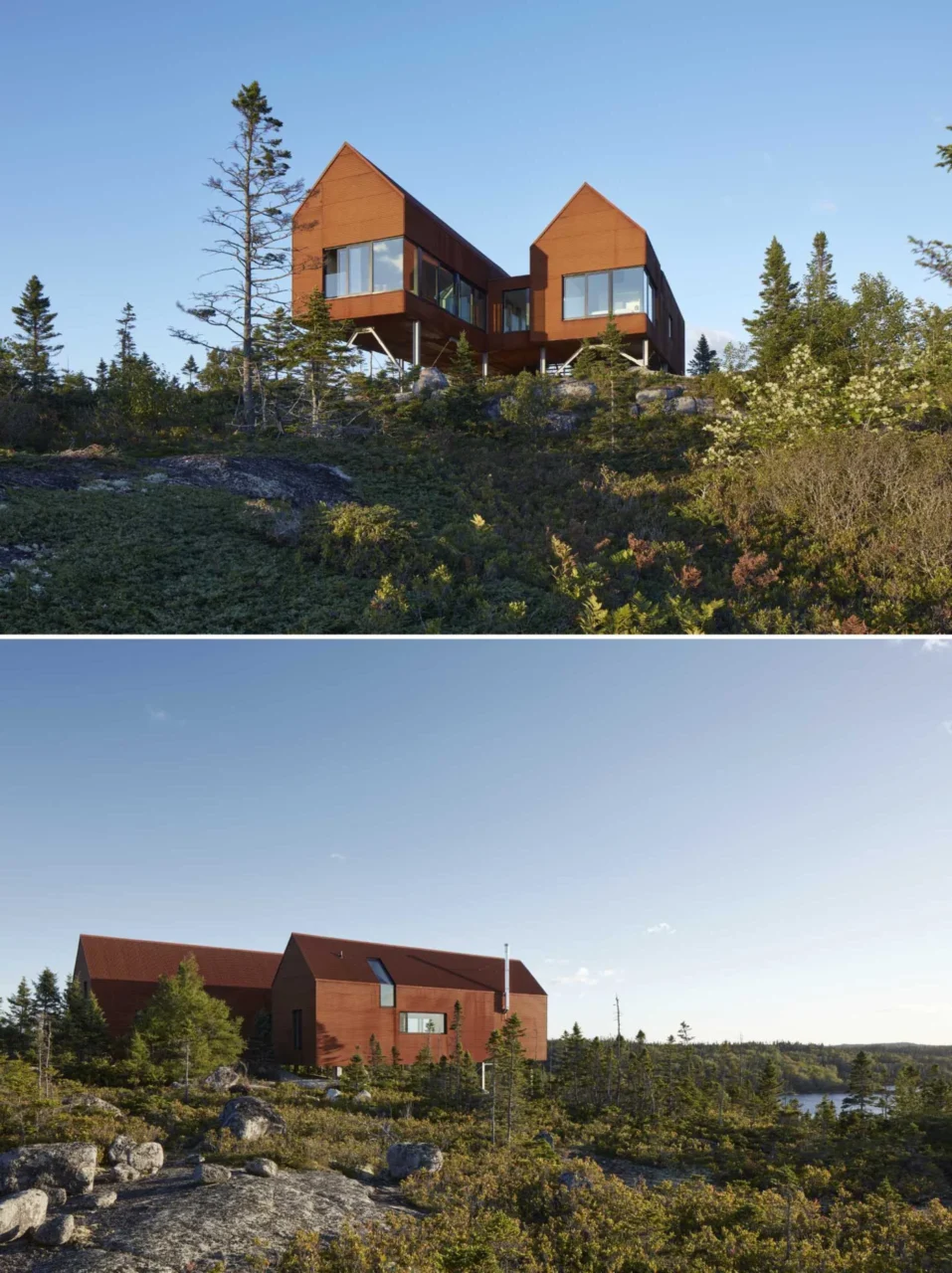 Rusty corrugated steel wrapping the metal frame of the hillside house
