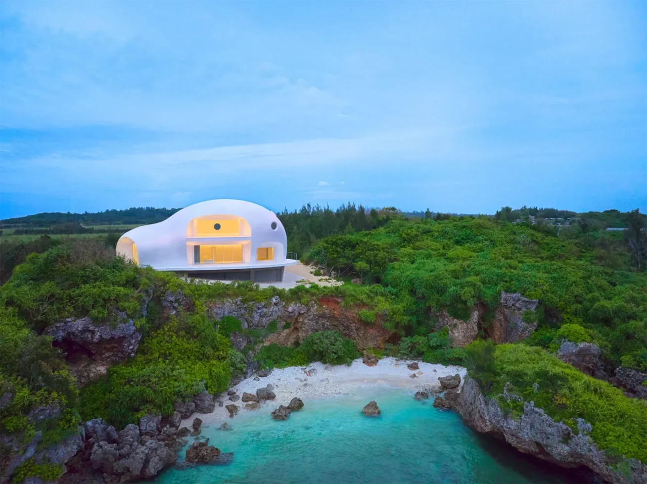Yuputira, the white rounded residence of artist Mariko Mori on Miyako Island, Japan