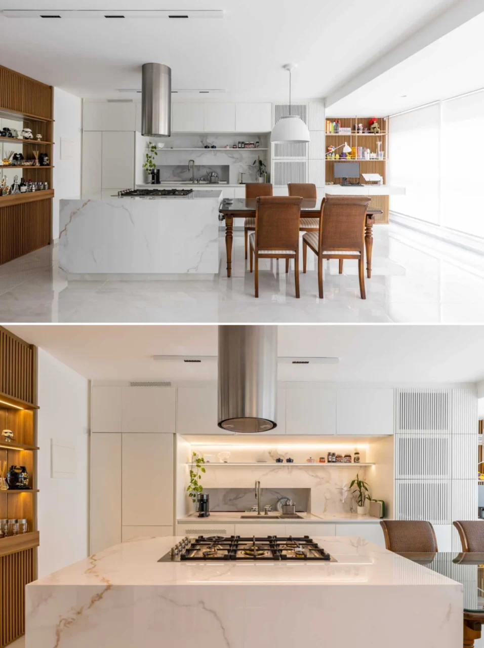 Kitchen with wood details and a large island beside a dining table