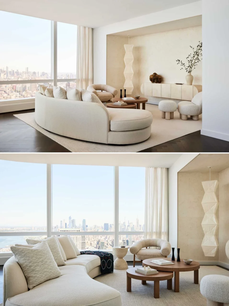 Open living and dining space with city views and a parchment-lined niche