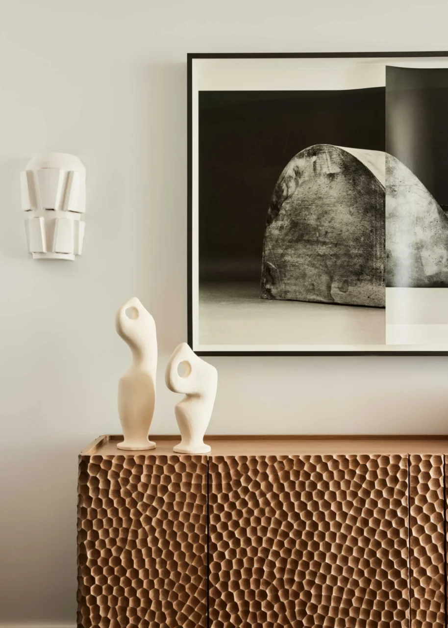 Foyer credenza with ceramic wall sconces