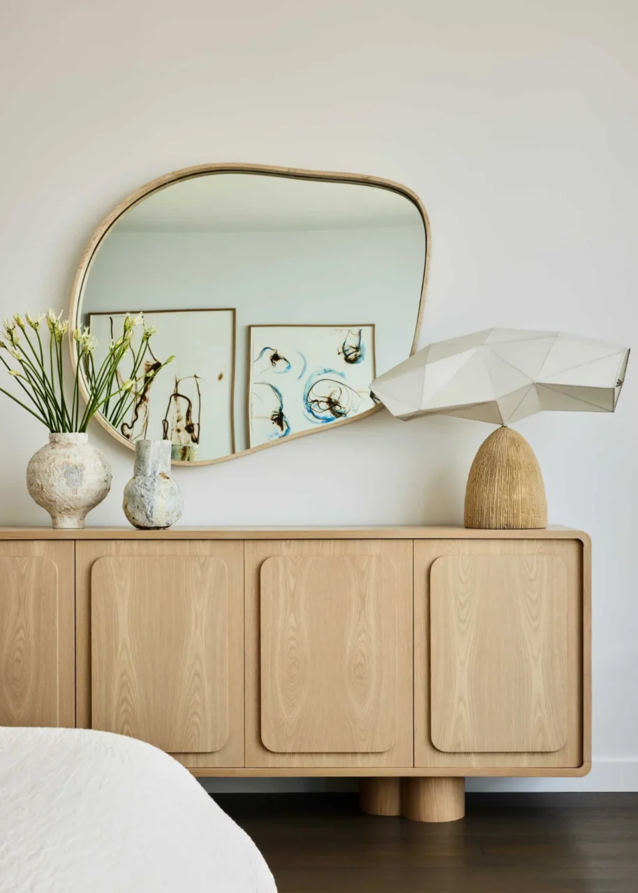 Table lamp on a custom credenza in the bedroom