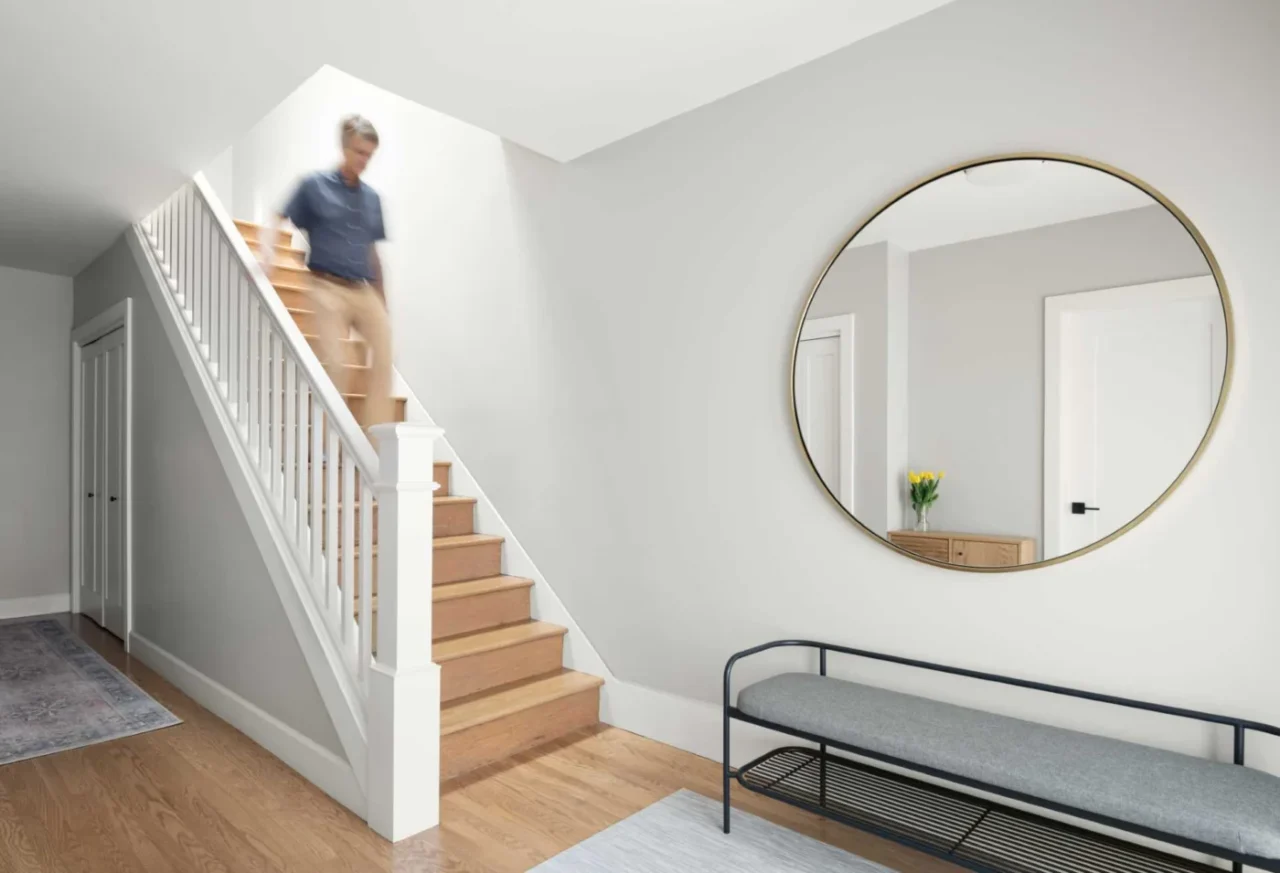 Stairs leading from the entryway up to the living areas