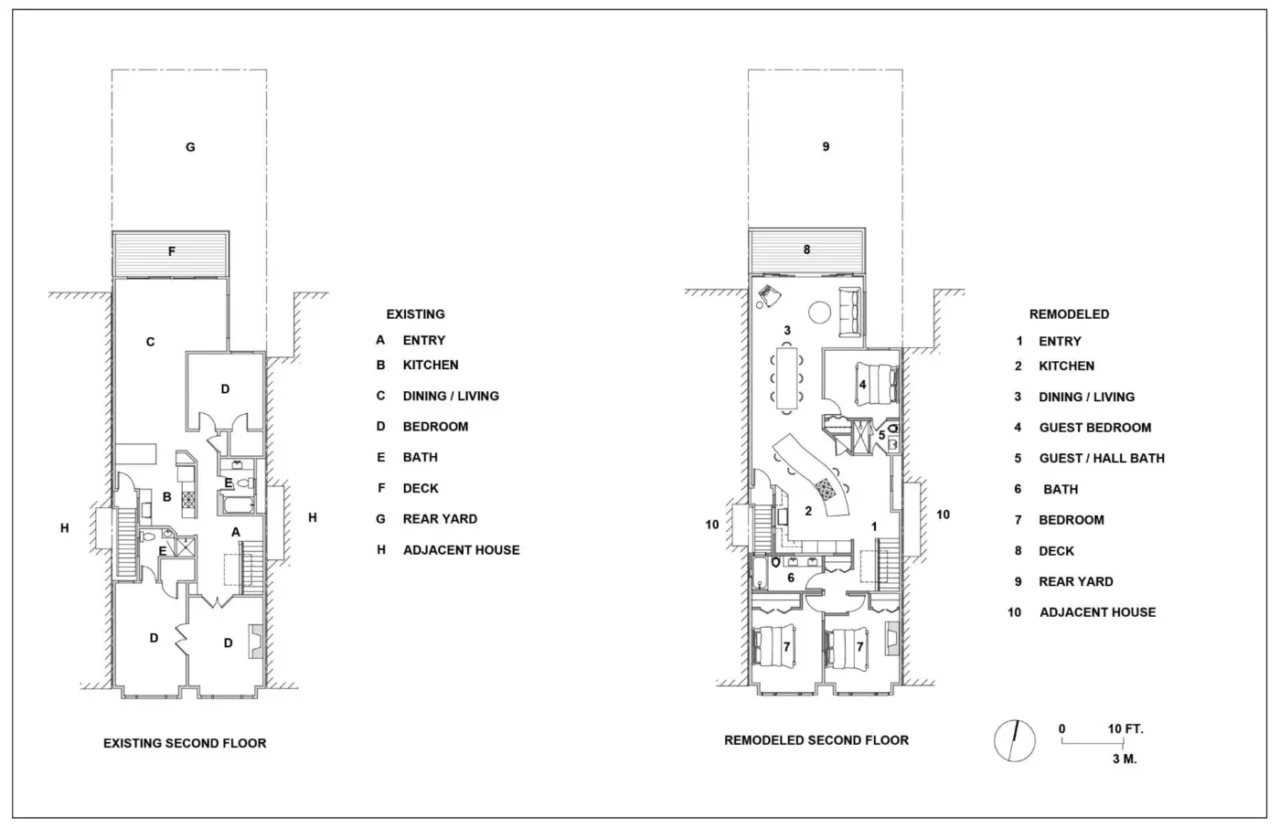 Floor plan of the remodelled layout with the S-shaped kitchen island