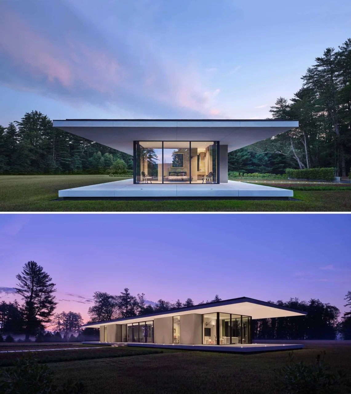 Glass house with a floating roof and wraparound porch at dusk