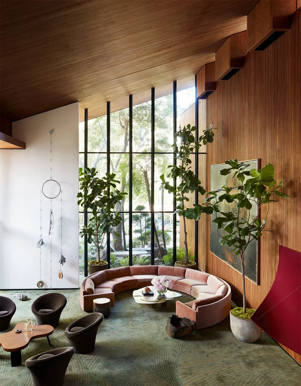 Living space of the Smalley House with tall glazing