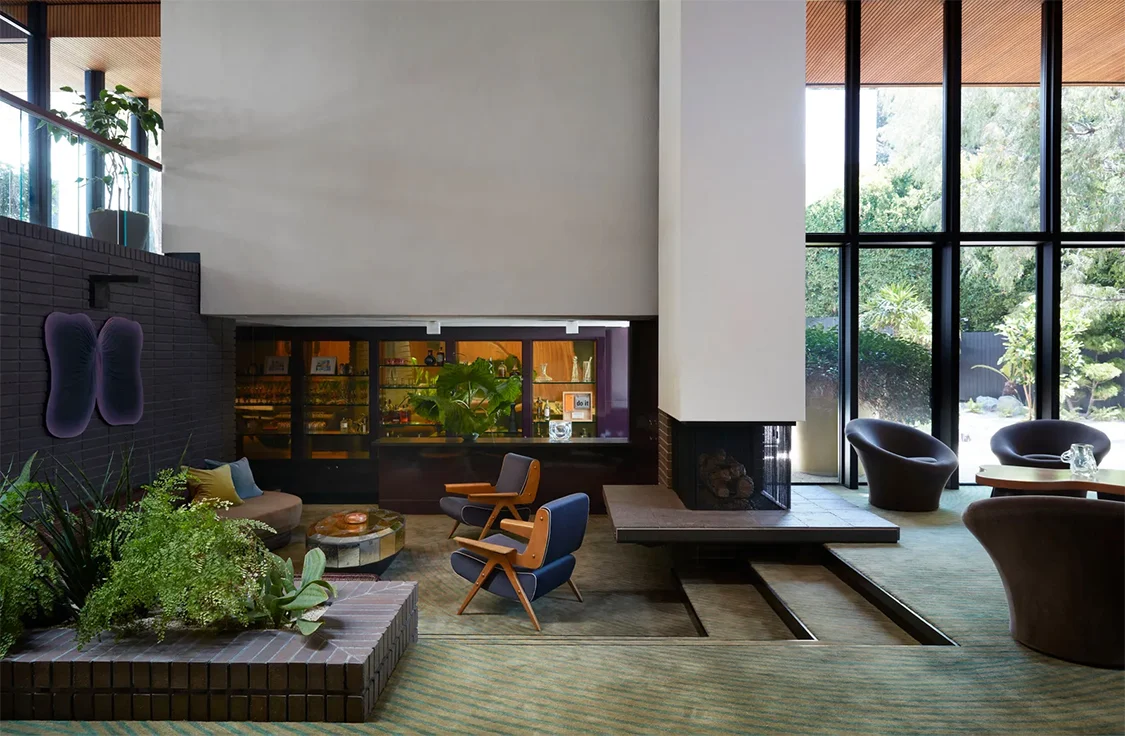 Room in the Smalley House furnished with contemporary pieces and art