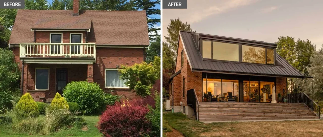 Remodeled 1930s brick farmhouse in Washington State with a new porch and windows
