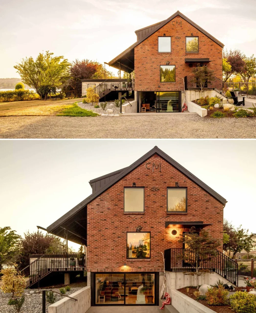 Patio and steps on the lower level of the renovated brick farmhouse