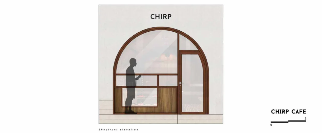 Design drawing showing the arched facade of the cafe