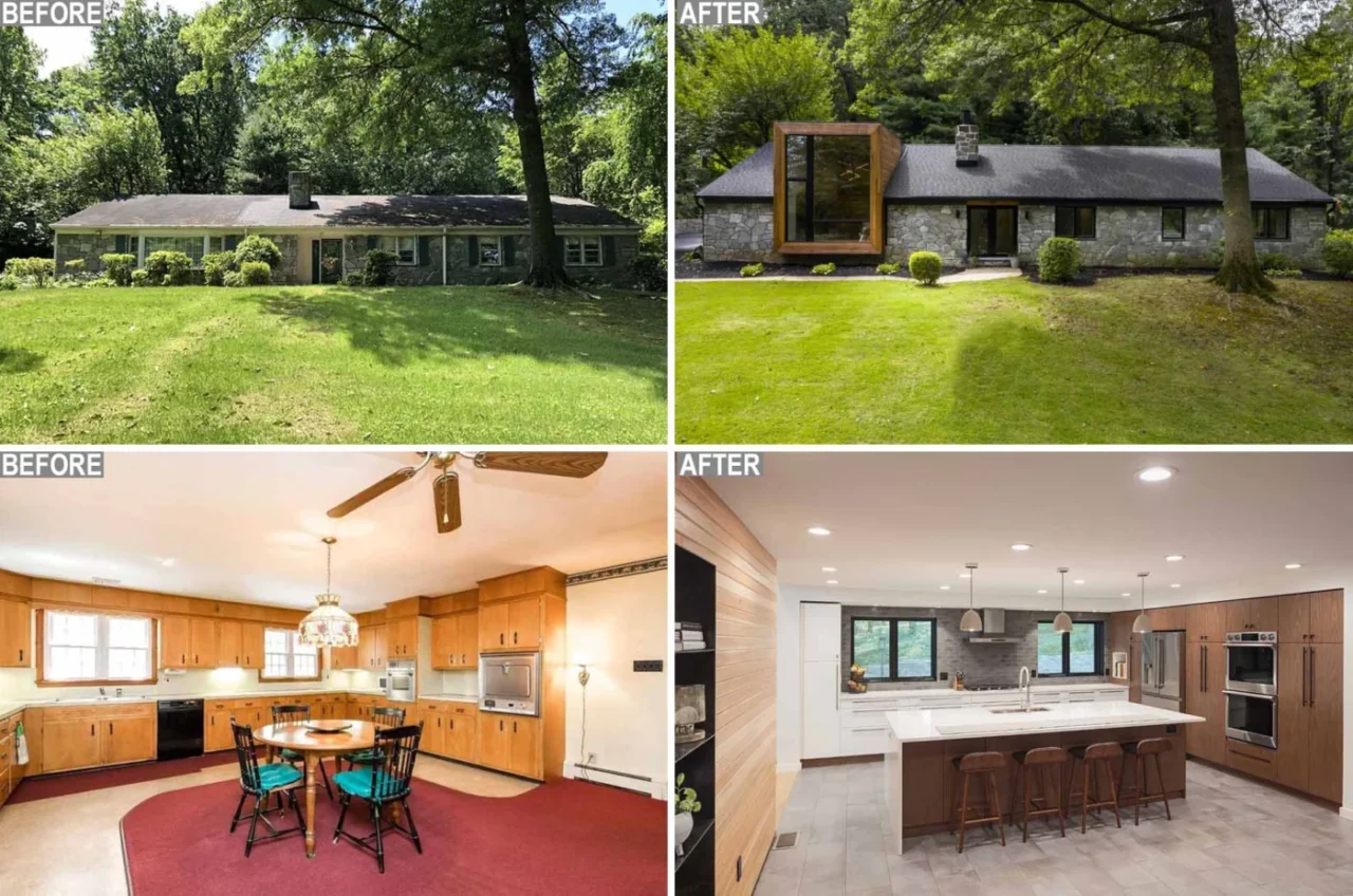 Remodelled 1950s ranch home in Phoenixville with stone walls and a cedar-clad accent