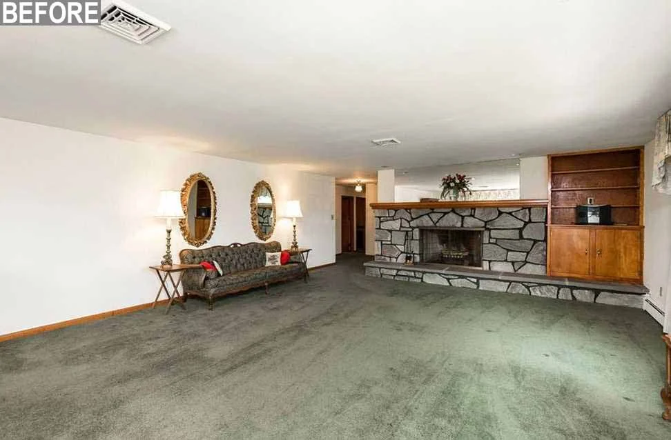 Before: the long, low living room with green carpet