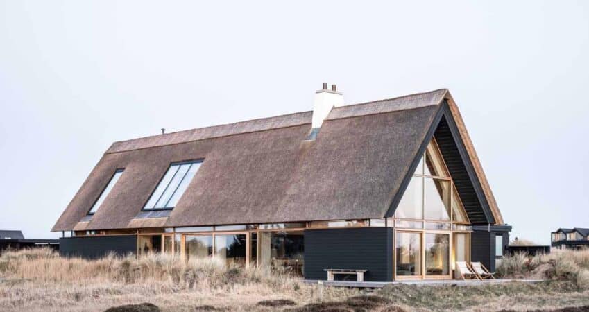 a-thatched-roof-and-charred-wood-siding-were-used-to-create-this-modern-home