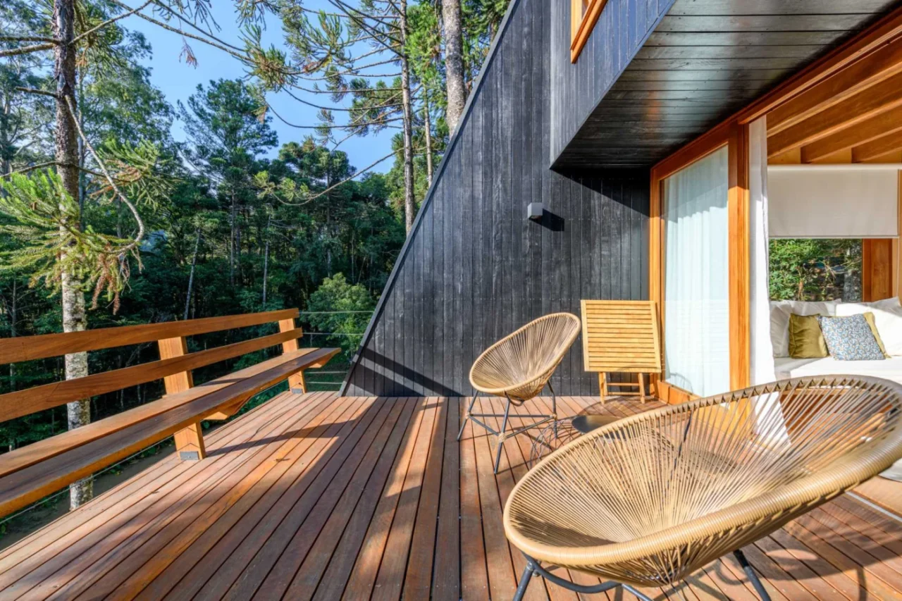Eucalyptus wood deck at the end of the tree house looking into the trees