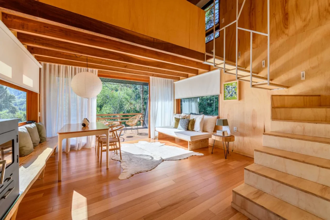 Wood and metal stairs leading to the mezzanine bedroom