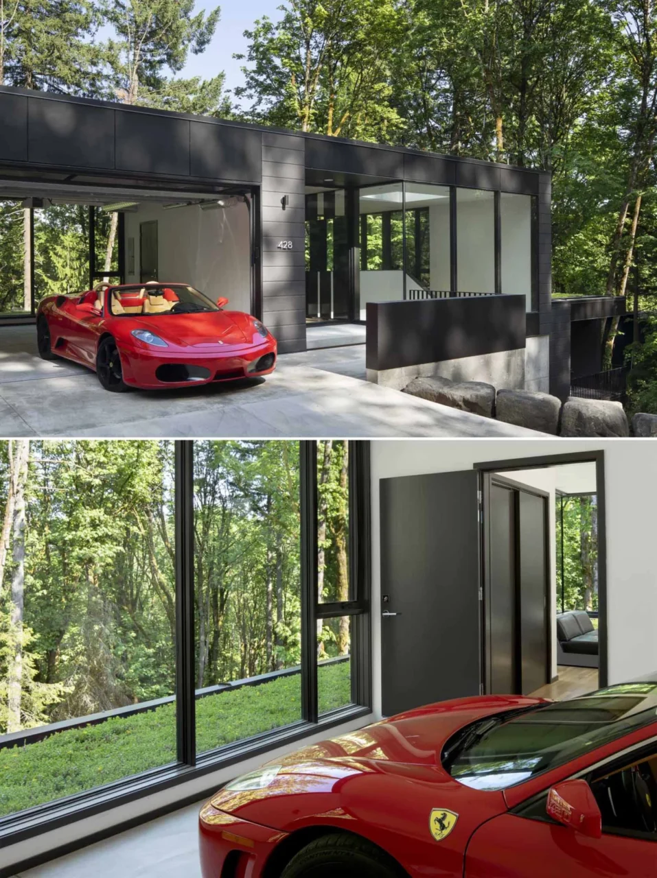 Garage with floor-to-ceiling windows on the top level of the house