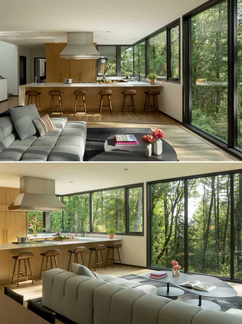 Large kitchen with wood cabinets and windows facing the forest