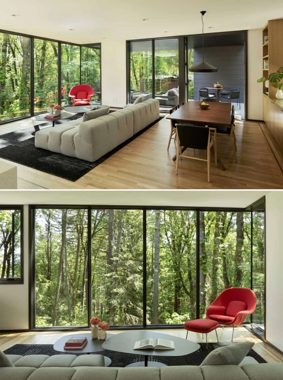 Living room with a plush sofa, nesting tables and a paprika armchair