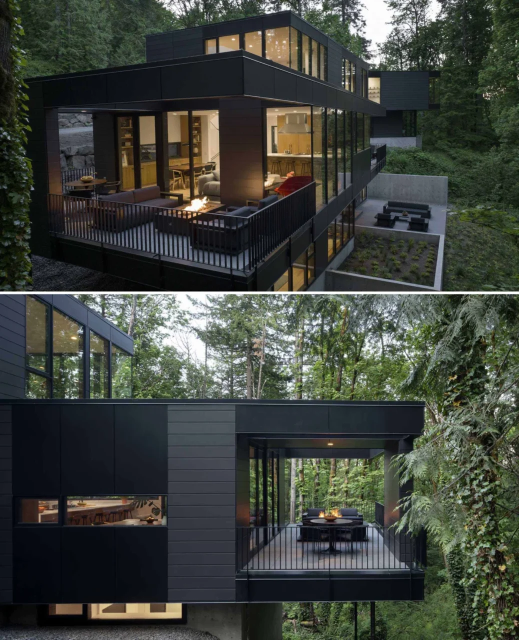 Terrace with outdoor dining and a concrete fire table among the trees