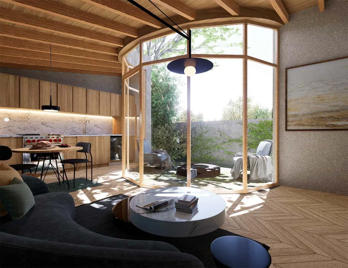 Accessory dwelling unit in California that curves around a circular patio