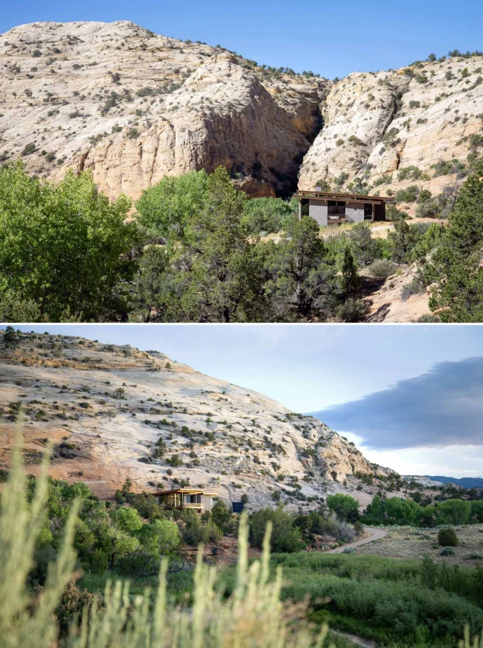 Low house set where rock meets desert vegetation