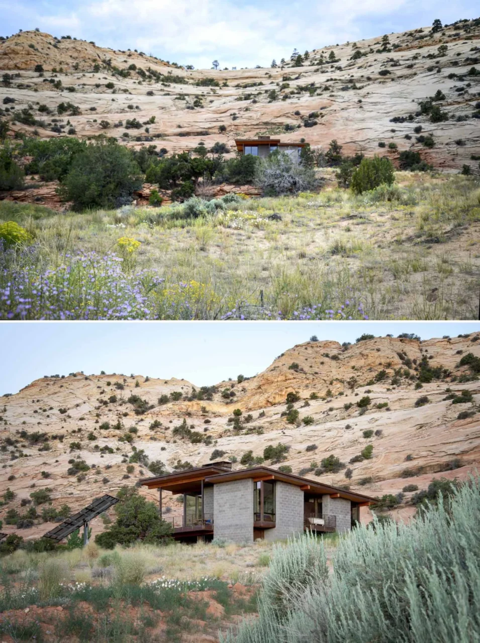 Weathering steel, split-face concrete block and cedar on the desert home
