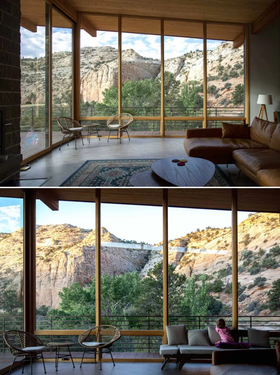 Roof overhangs and glazing of the desert retreat