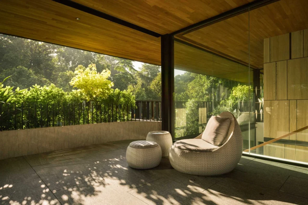 Shaded seating area with views across the gardens
