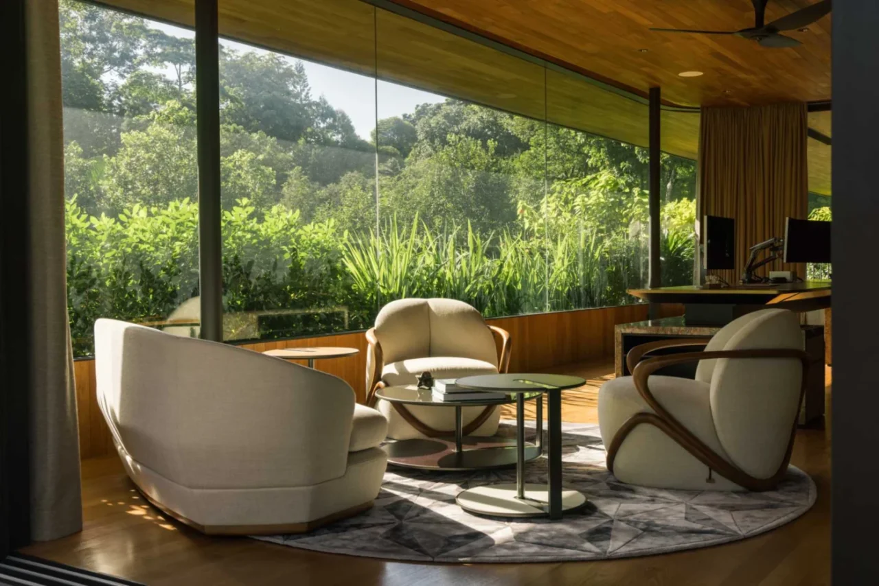 Home office with large windows under the roof overhang