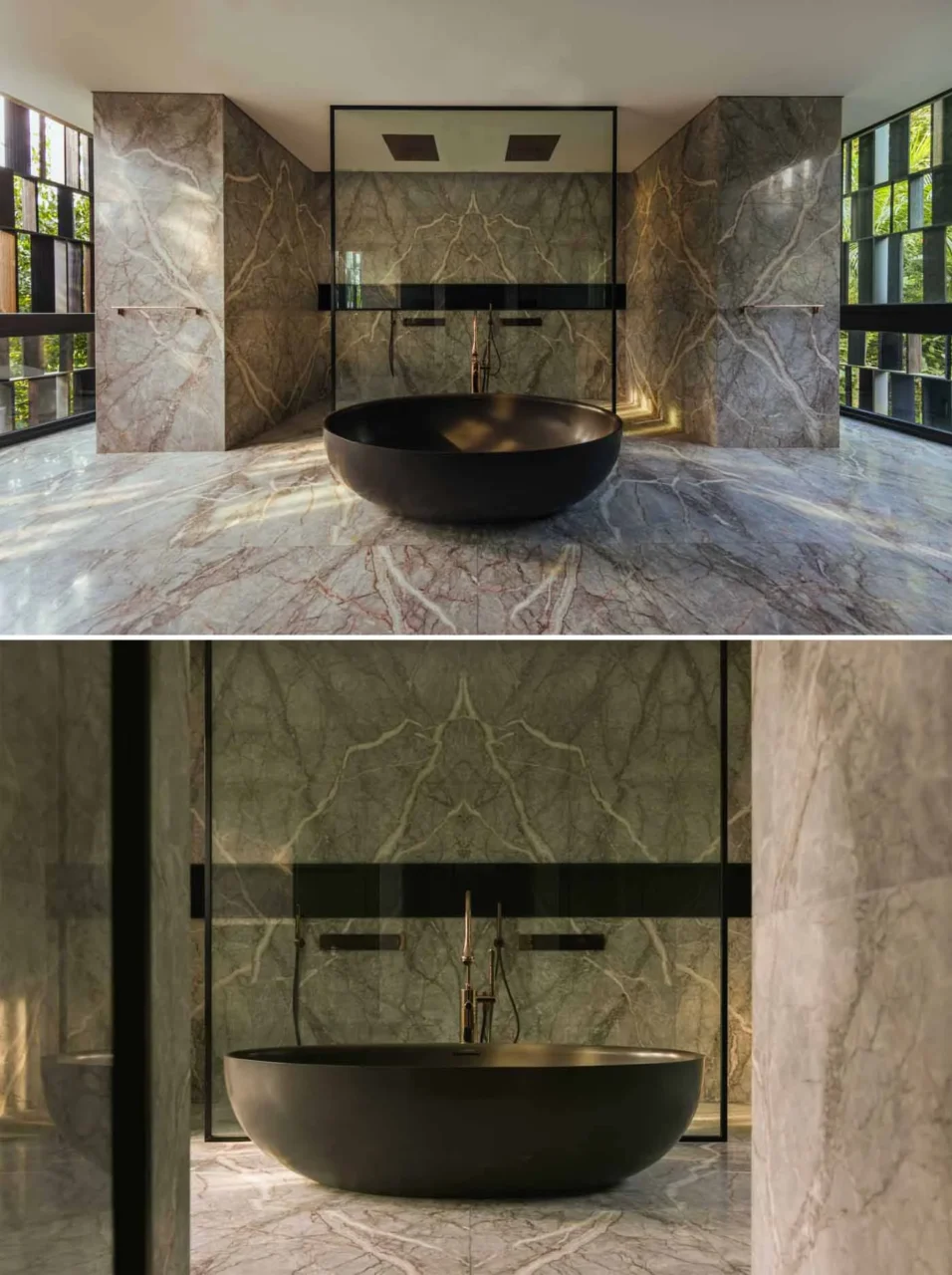 Bathroom with a black freestanding bathtub in front of a double shower