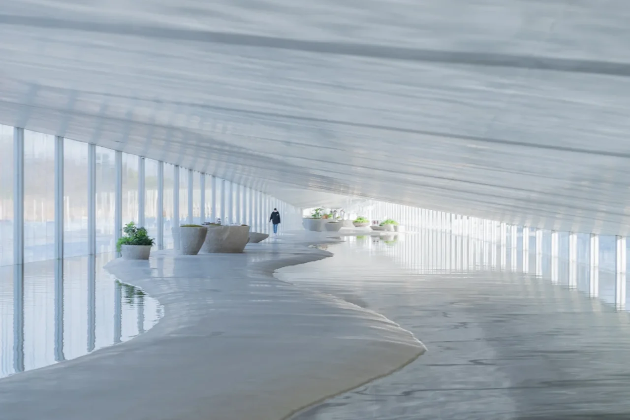 Zaishui Art Museum in Rizhao, where lake water flows in over the museum floor