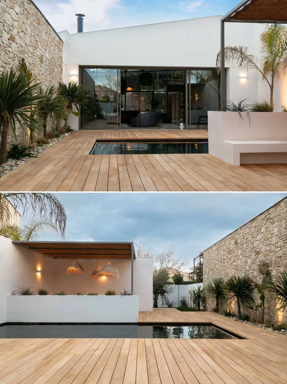 Wood deck around the pool and covered seating area outside the converted warehouse
