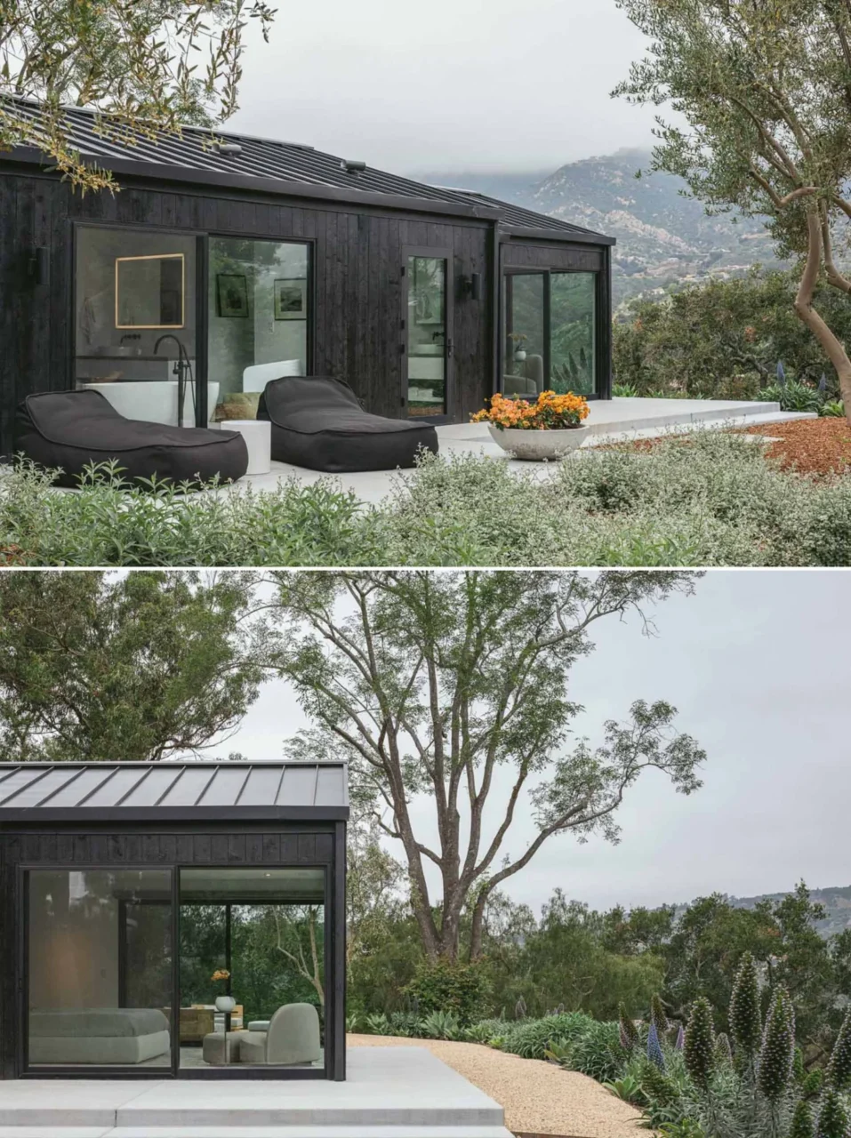 Two wings of the renovated home with a fire pit between them