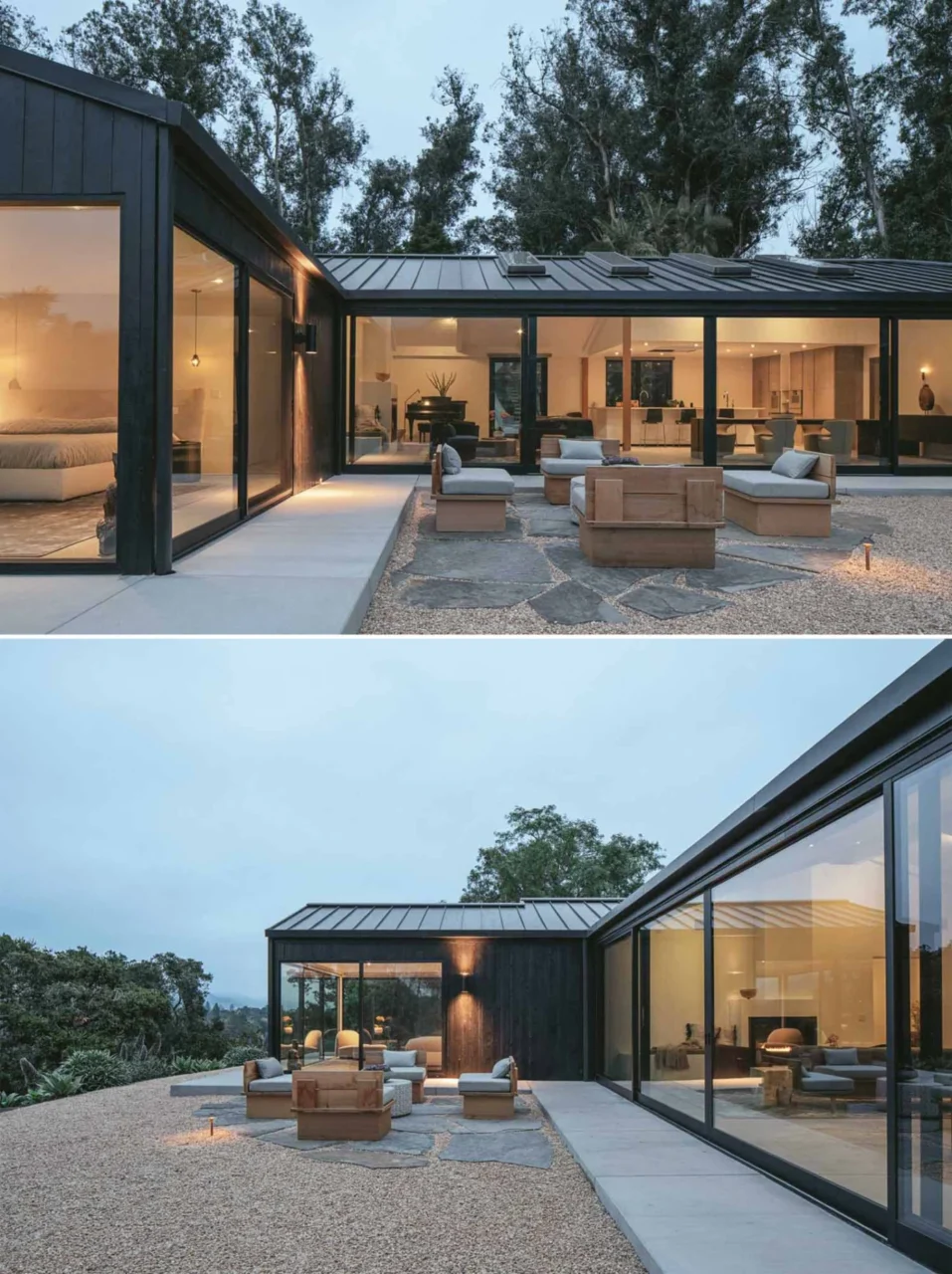 Concrete floor running from the living space out to the terrace through glass sliding doors