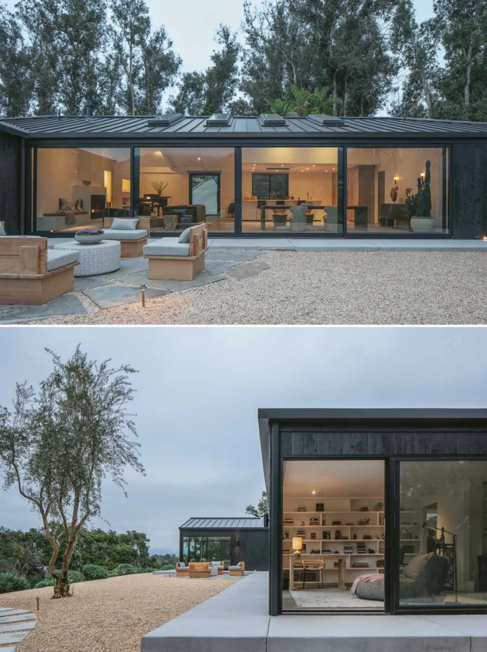 Anodized aluminium and glass sliding doors opening the home to the landscape