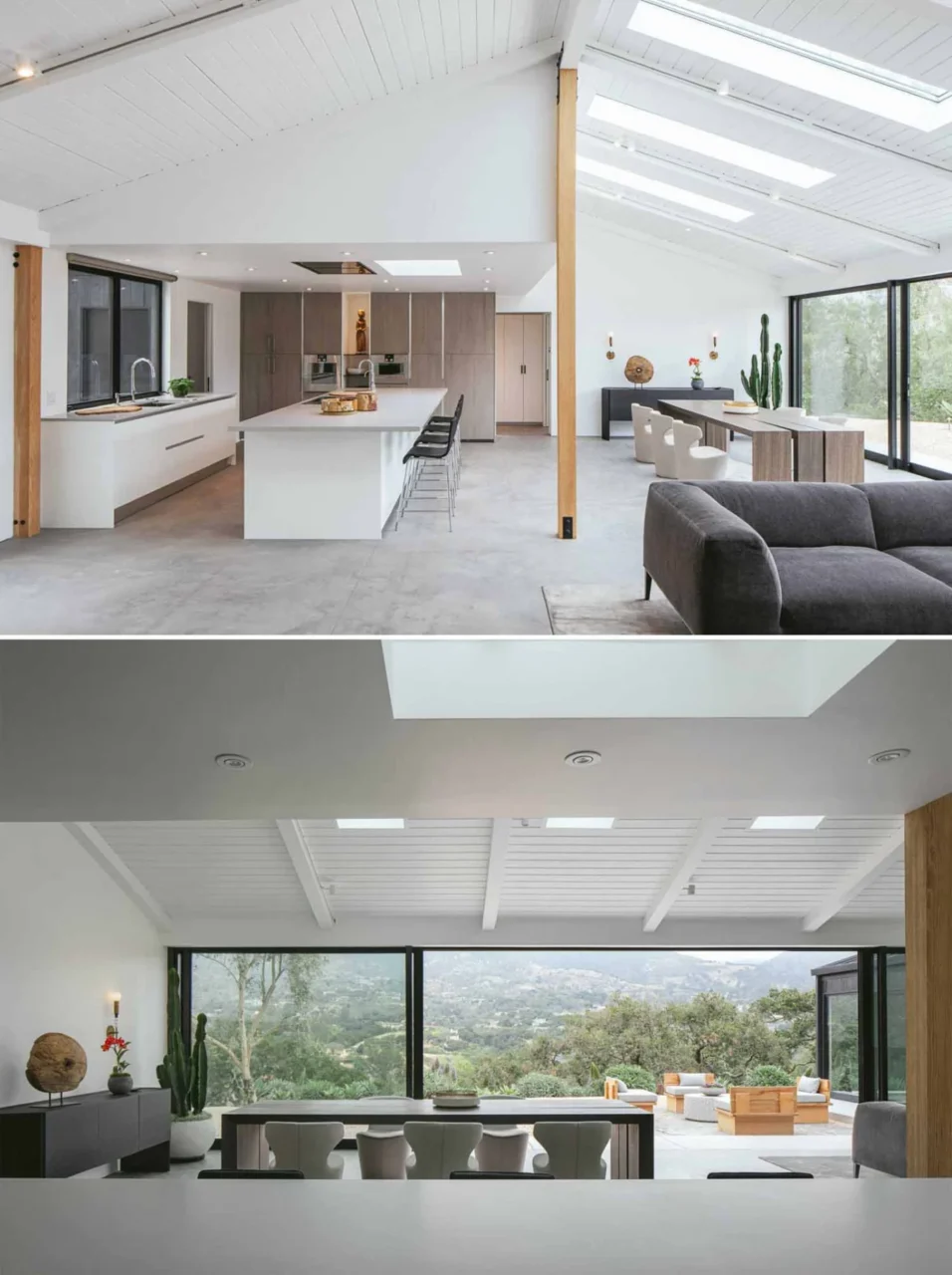 Bright open-plan interior with concrete floors, smooth gypsum walls and a white-painted timber ceiling