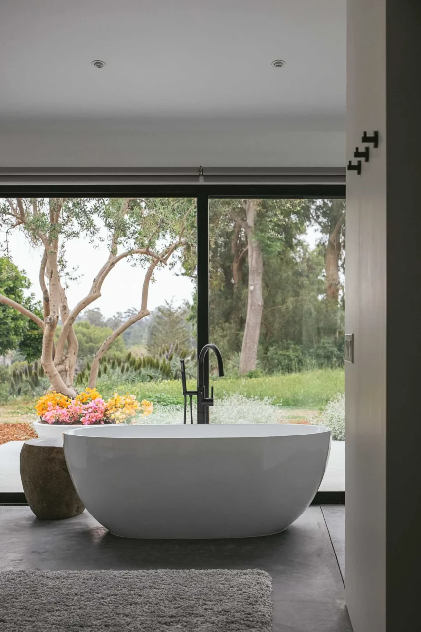 Enlarged primary bathroom with a freestanding bathtub