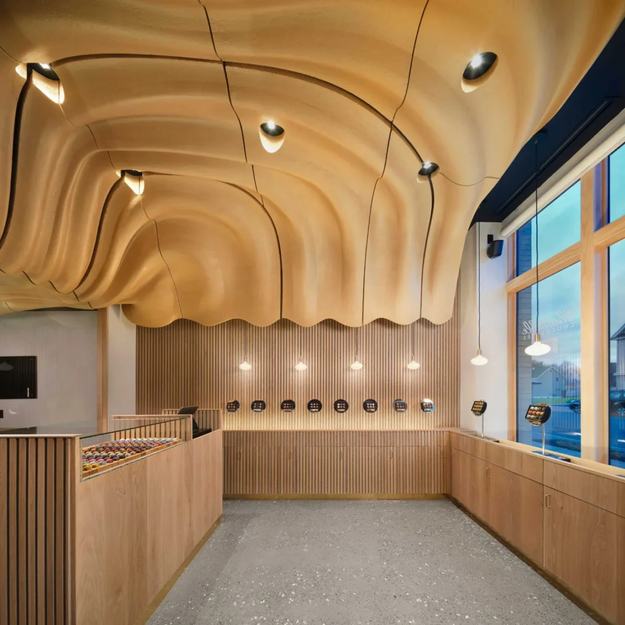 Blue Table Chocolates in Buffalo, New York, with a sculptural ceiling inspired by flowing chocolate