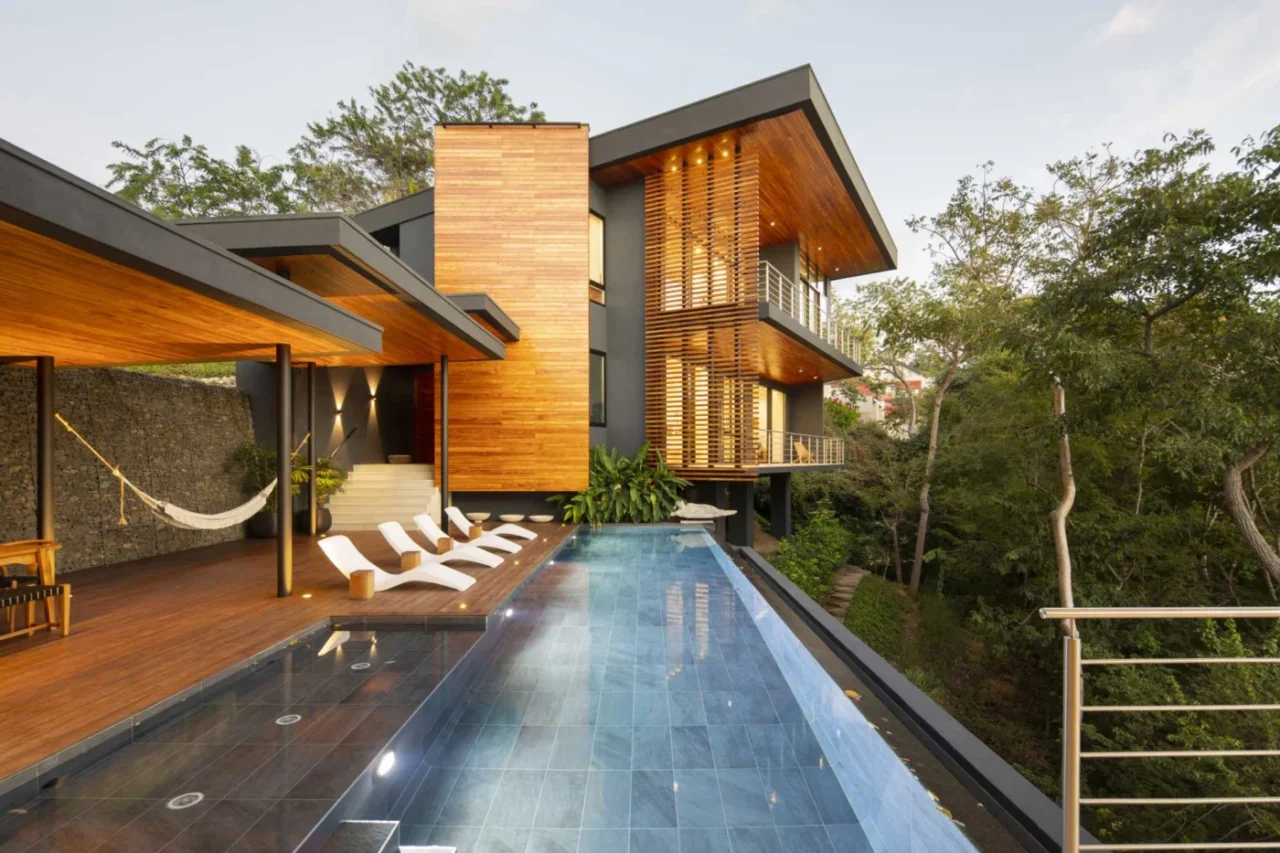 Modern house built on a steep slope in the Costa Rican jungle