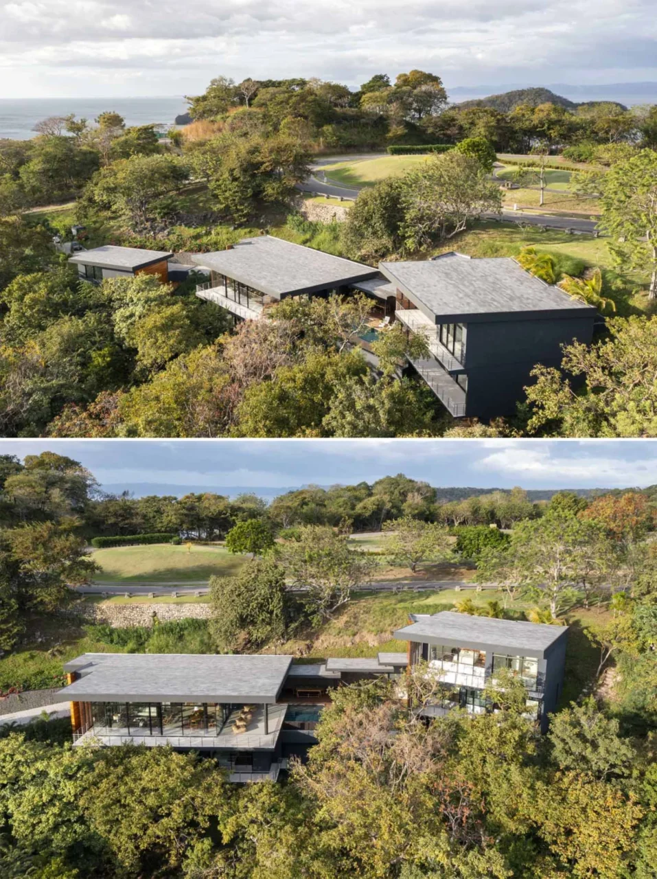 Modules of the house stepping down the hillside at different levels