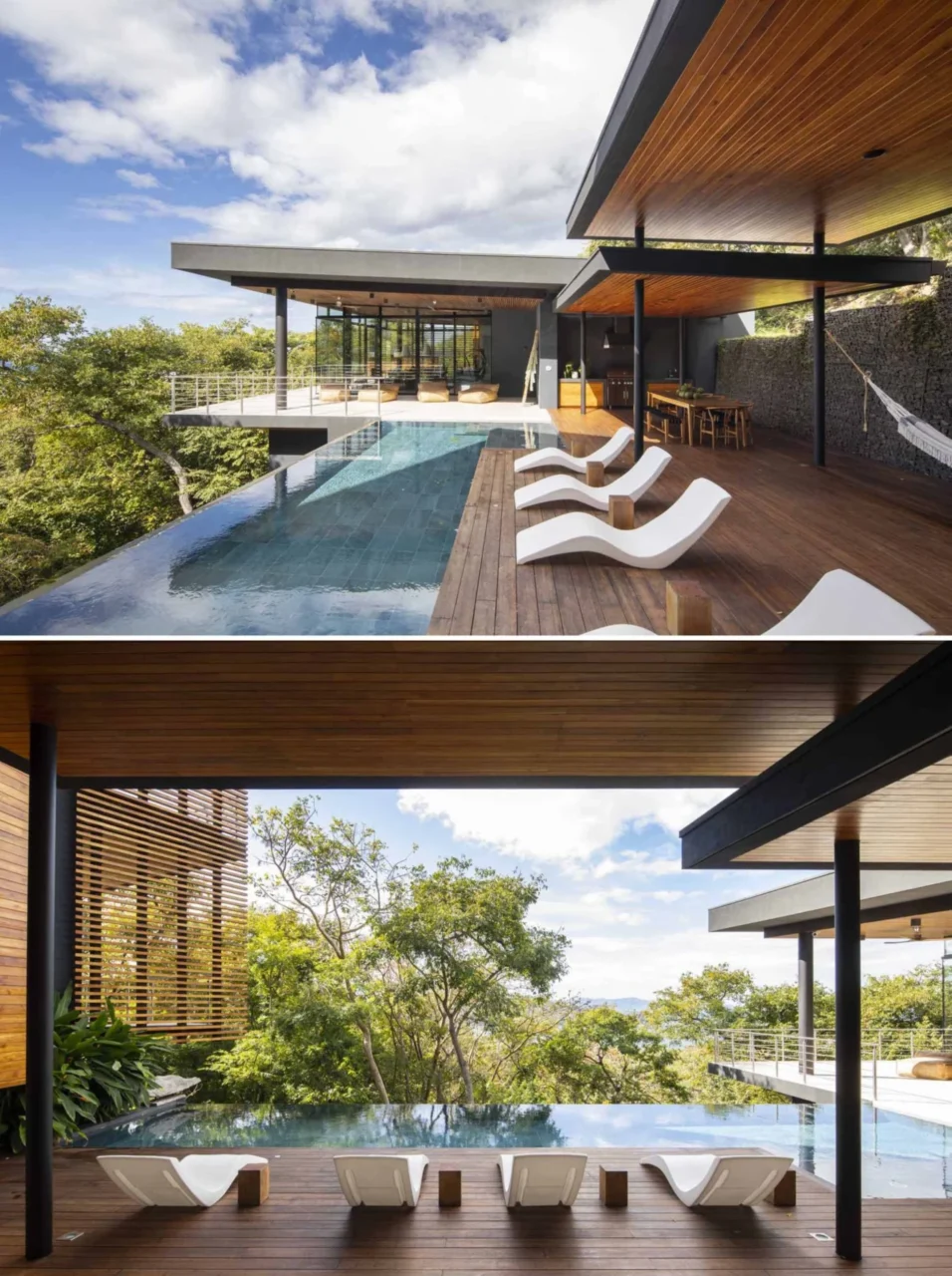 Swimming pool linking the two modules of the hillside home